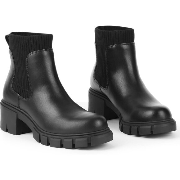 Women's Ankle Boots Comfy Chelsea Mid Heel Elastic Chunky Heel - Picture 3 of 6